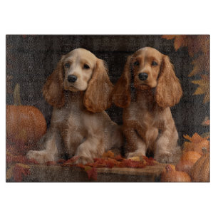 Cocker Spaniel Welpe Herbstfreude Kürbis Schneidebrett