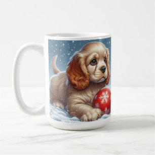 Cocker Spaniel-Welpe ruht auf Schnee mit einem Bal Kaffeetasse