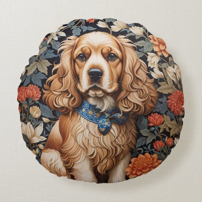 Cocker Spaniel William Morris Inspirierte Floral Rundes Kissen (Vorderseite)