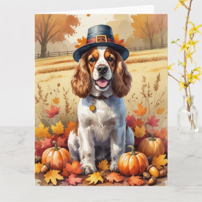 Cocker Spanier im Herbst hinterlässt Erntedank Kun Karte (Gelbe Blume)