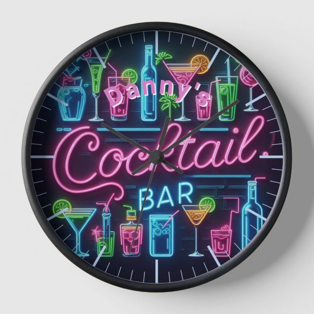Cocktail Bar Horloge Neon Personnalisé Mancave Den (Recto)