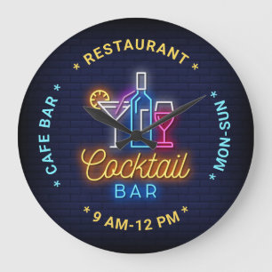 Cocktail Bar Neon Look Illustration, Custom Text L Große Wanduhr