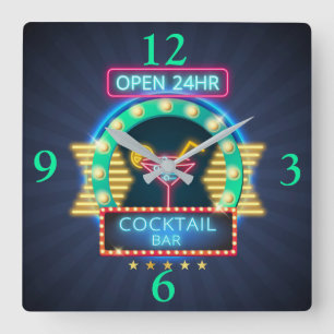 Cocktail Bar Neonsign Square Wall Clock Quadratische Wanduhr