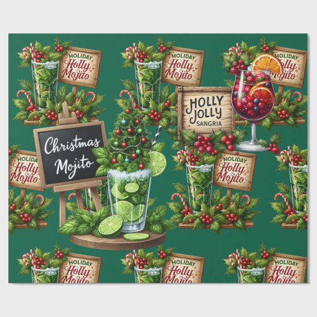 Cocktail Christmas Party with Drinks on Green Geschenkpapier (Flach)