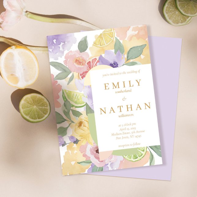 Cocktail & Citrus Fruit Wedding Watercolor Florals Einladung (Von Creator hochgeladen)