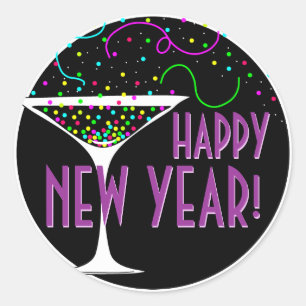 Cocktail Confetti Happy New Year Round Sticker