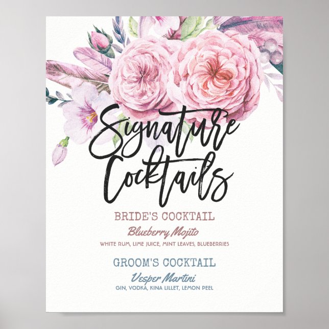 Cocktail Drink Menü Boho Floral Poster (Vorne)