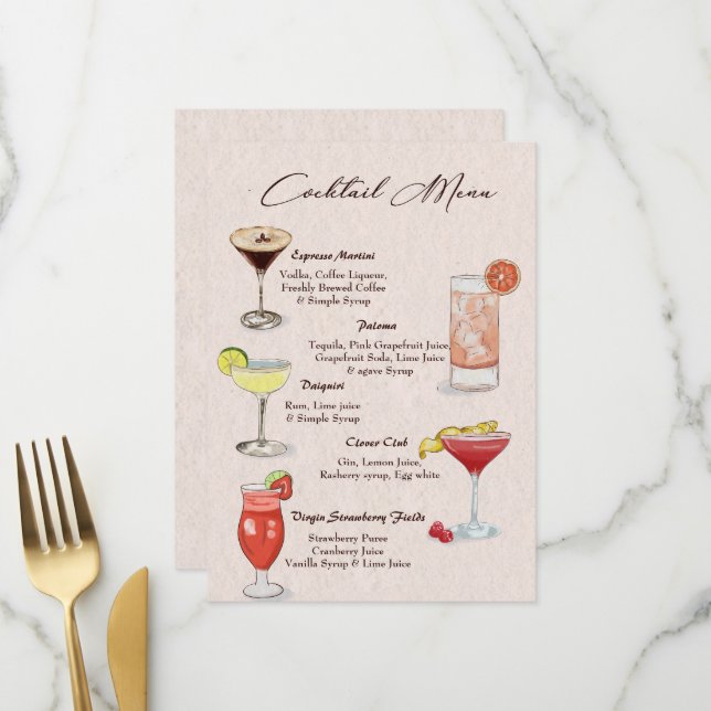 Cocktail Drink Menü "Watercolor" Menükarte (Vorderseite/Rückseite Beispiel)