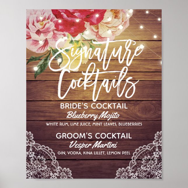 Cocktail Drink Menü "Wedding Signature" Holzflora Poster (Vorne)