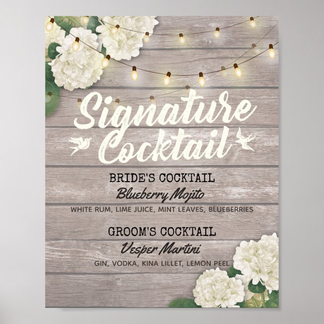 Cocktail Drink Menu Wood Blume für Hochzeiten Poster (Vorne)