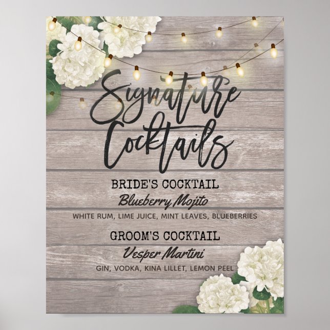 Cocktail Drink Menu Wood Blume für Hochzeiten Poster (Vorne)