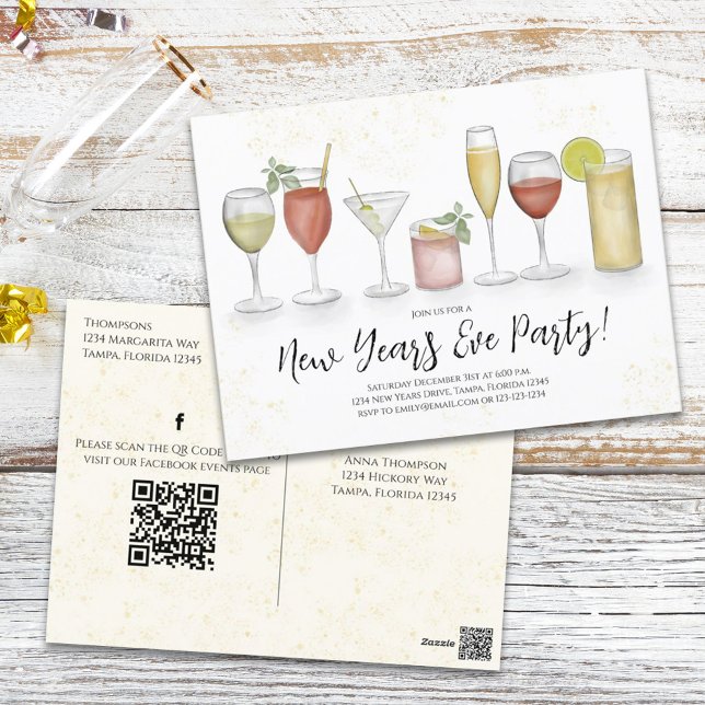 Cocktail Drinks QR-Code im Neujahr voradressiert Postkarte (Von Creator hochgeladen)