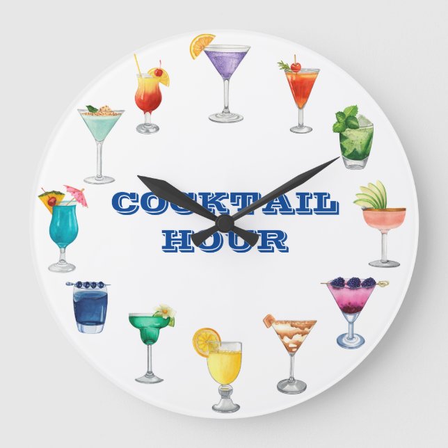 Cocktail Hour Wasserfarbe Getränke Martini Große Wanduhr (Vorderseite)