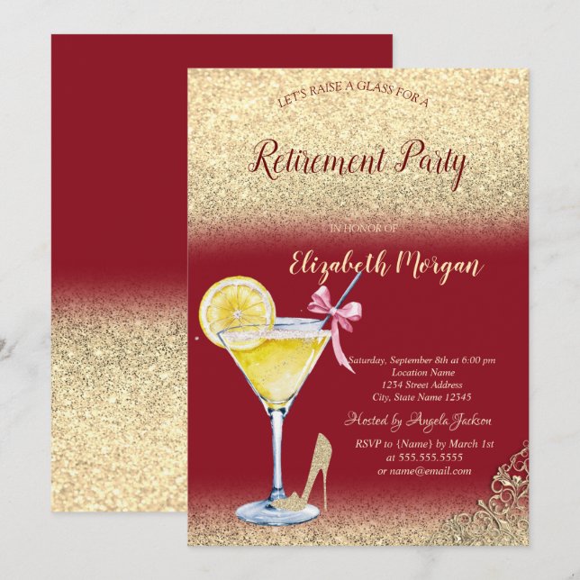 Cocktail Lemon Gold Glitzer Red Retirement Einladung (Vorne/Hinten)