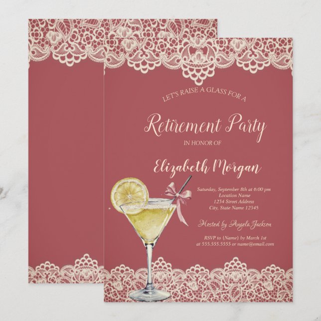 Cocktail Lemon Lace Red Rtirement Einladung (Vorne/Hinten)