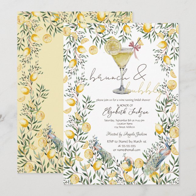 Cocktail Lemons Peacock Brunch Blase Einladung (Vorne/Hinten)