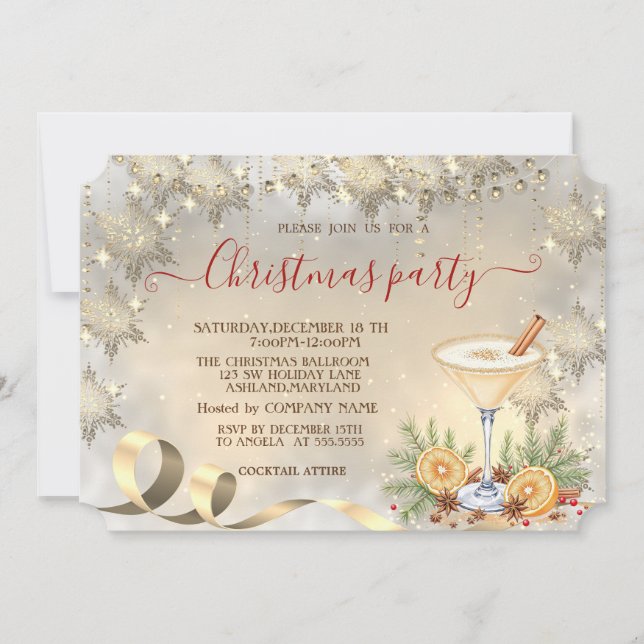 Cocktail Orange Gold Snowflakes Company Einladung (Vorderseite)