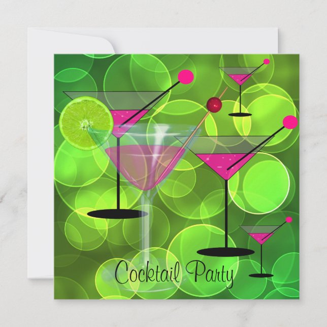 Cocktail Party Blubbles Grün Rosa Einladung (Vorderseite)