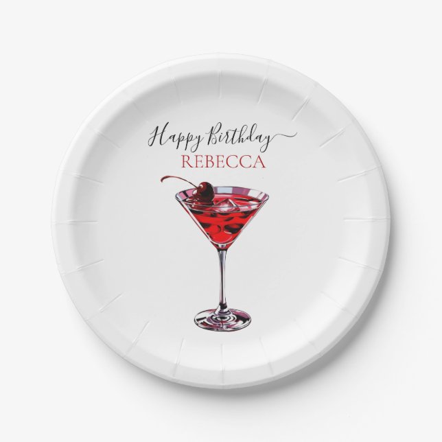 Cocktail Party Cherry Martini Happy Birthday Pappteller (Vorderseite)