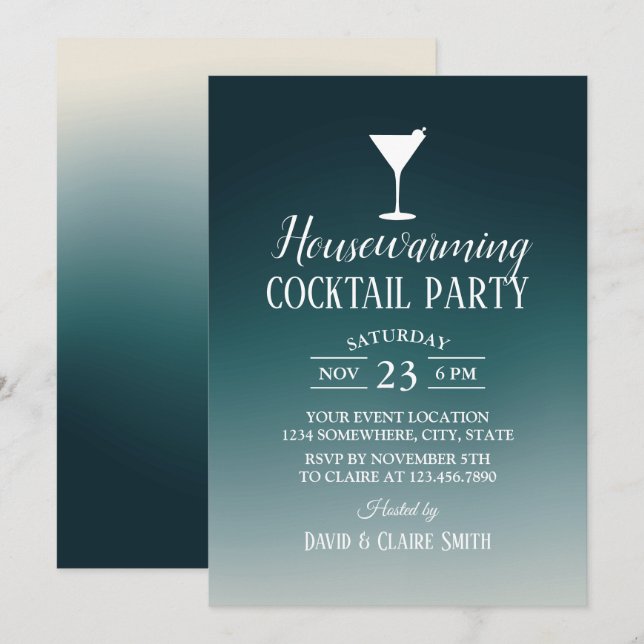 Cocktail Party Housewarming Elegantes Aquamarines  Einladung (Vorne/Hinten)