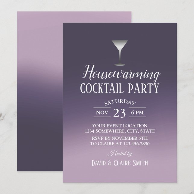 Cocktail Party Housewarming Elegantes Lila Ombre Einladung (Vorne/Hinten)
