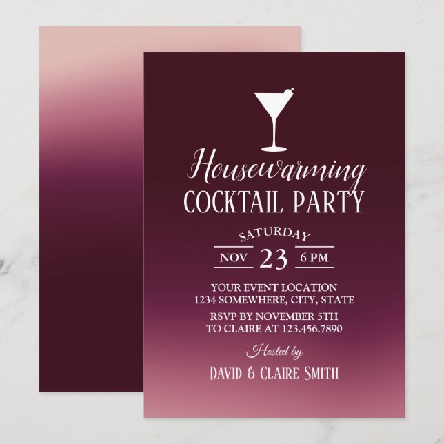 Cocktail Party Housewarming Modern Burgundy Ombre Einladung (Vorne/Hinten)