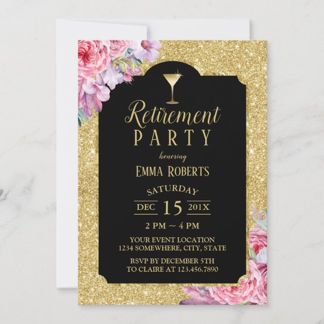 Cocktail-Party im Ruhestand Modern Gold Floral Einladung (Vorderseite)