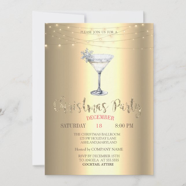 Cocktail-Schneeflocken-Lichterkette Gold Weihnacht Einladung (Vorderseite)