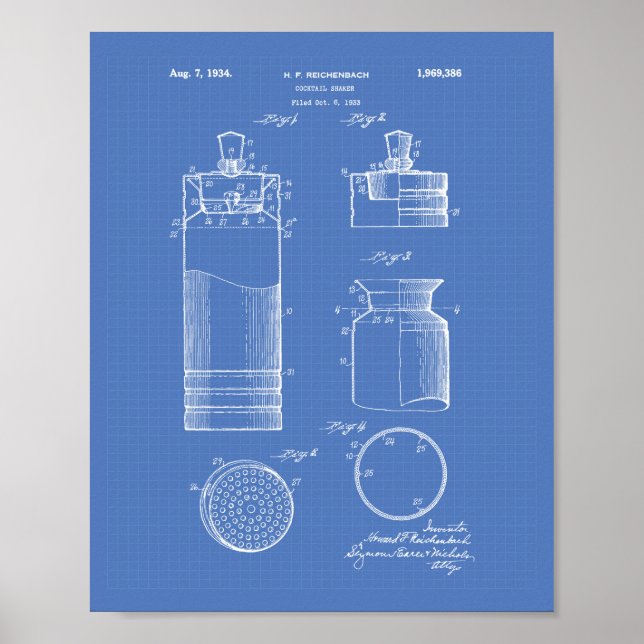 Cocktail Shaker 1934 Patent Art Blueprint Poster (Vorne)