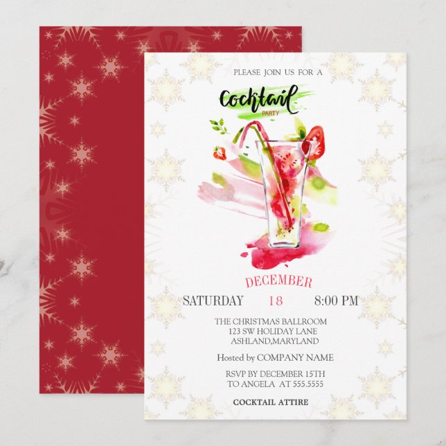 Cocktail Snowflakes Weihnachts-Party Einladung (Vorne/Hinten)