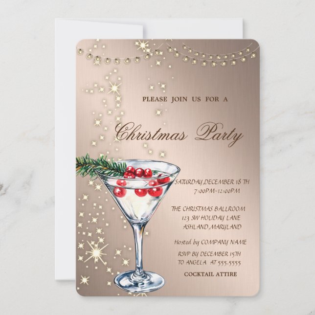 Cocktail, Sparkass, Lights, Rose Gold Weihnachtsfe Einladung (Vorderseite)