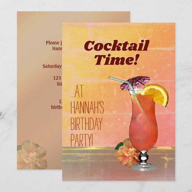 Cocktail Time! Einladung zum Geburtstag (Vorne/Hinten)