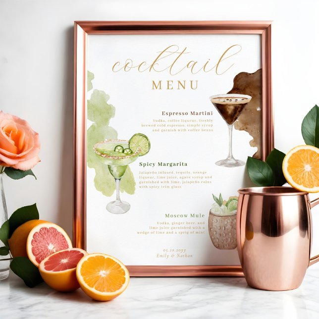 Cocktailmenü Wasserfarbene Speisekarte für Hochzei Poster (Cocktail Menu Watercolor Wedding Bar Drink Menu Poster)
