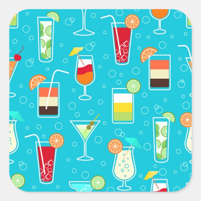 Cocktailmuster im Aquamarinen Hintergrund Quadratischer Aufkleber (Vorderseite)