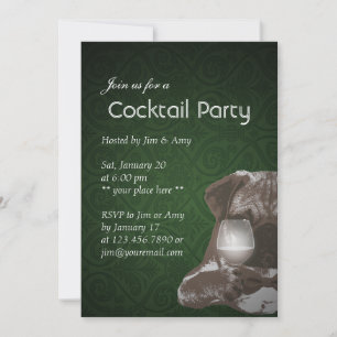 Cocktailparty Grüner Damast Pug & Feiner Wein Einladung