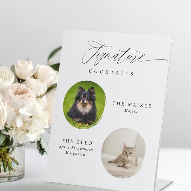 Cocktails 2 Foto für Haustiere Elegante Hochzeit Sockelschild (Signature Drinks wedding sign with 2 pet photos. Elegant Modern Romantic Calligraphy)