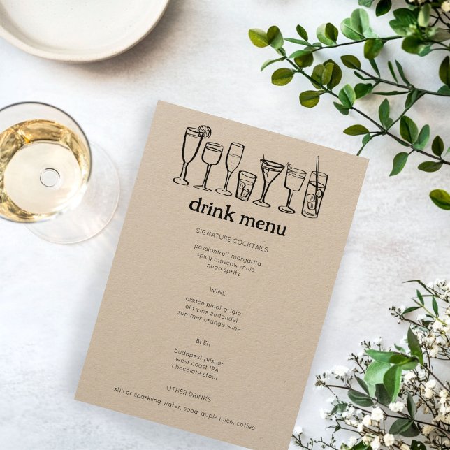 Cocktails Doodle Sketch Modernes Rustikales CUSTOM Menükarte (Cocktails Doodle Sketch Modern Rustic Engagement Wedding Party CUSTOM Drink Menu
)