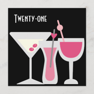 Cocktails Frauen Rosa Schwarz 21. Geburtstag Party Einladung