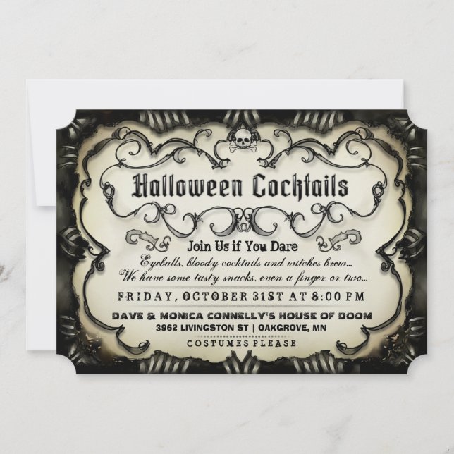Cocktails Halloween Gothique Noir & Tan Invitation (Devant)