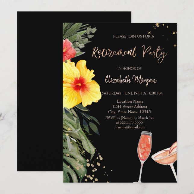 Cocktails Hibiskus Black Retirement Einladung (Vorne/Hinten)