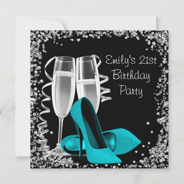 Cocktails High Heels Schwarz und Aquamarin Geburts Einladung (Vorderseite)