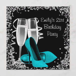 Cocktails High Heels Schwarz und Aquamarin Geburts Einladung