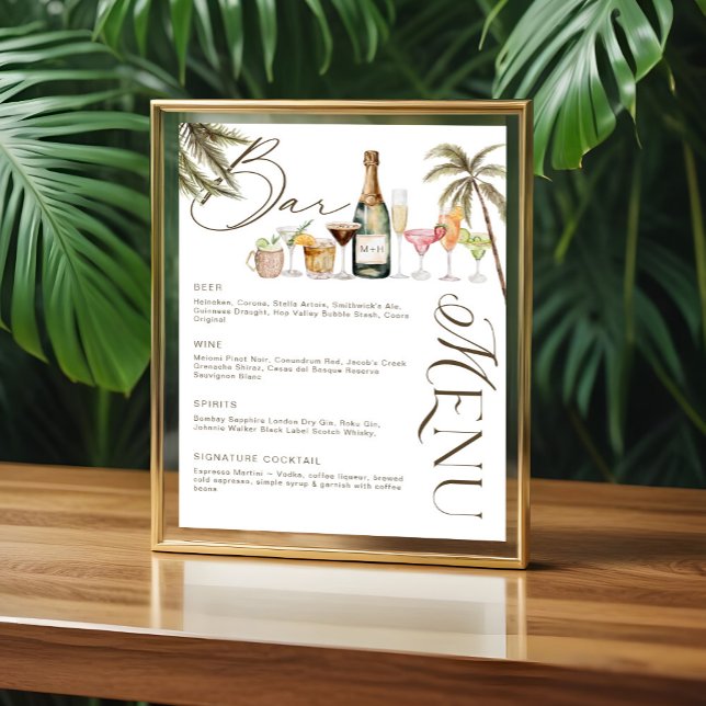 Cocktails Hochzeitsmenü mit tropischer Wasserfarbe Poster (Tropical Watercolor Cocktails Wedding Bar Menu Poster)