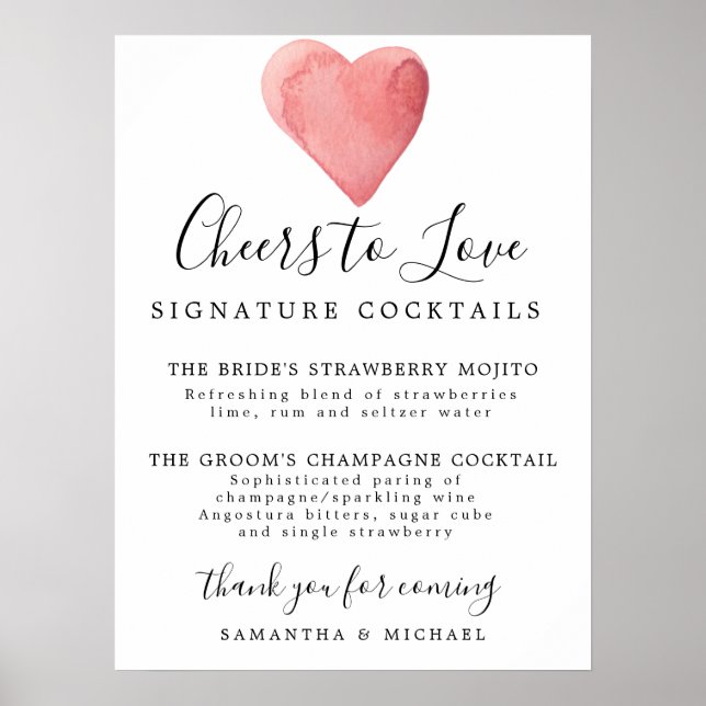 Cocktails Hochzeitssignatur des Roten Herzens Poster (Vorne)