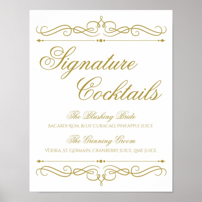 Cocktails Hochzeitszeichen | Goldwirbelkalligraphi Poster (Vorne)