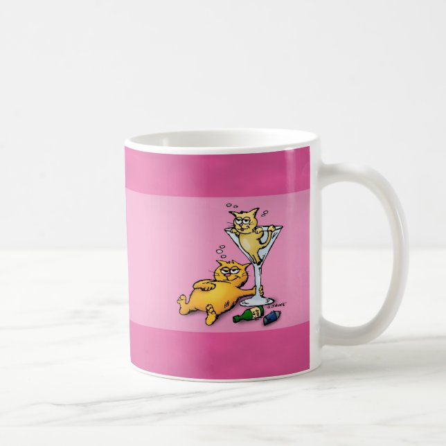Cocktails & Kätzchen Pink Cartoon Illustration Kaffeetasse (Rechts)
