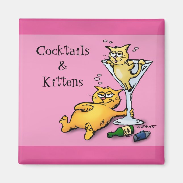 Cocktails & Kittens Pink Cartoon Magnet (Vorne)