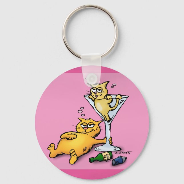 Cocktails & Kittens Pink Cartoon Schlüsselanhänger (Vorderseite)