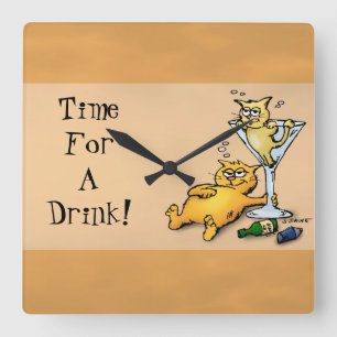 Cocktails & Kittens TIme for a Drink Gold Clock Quadratische Wanduhr