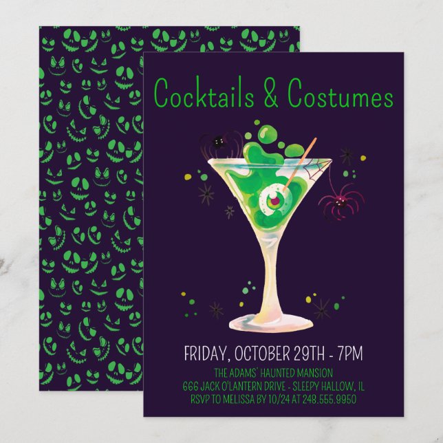 Cocktails & Kostüme Lila Halloween-Party Erwachsen Einladung (Vorne/Hinten)